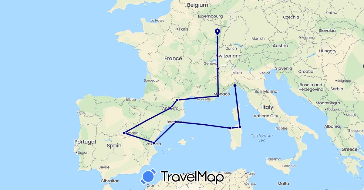 TravelMap itinerary: driving in Andorra, Spain, France, Italy (Europe)